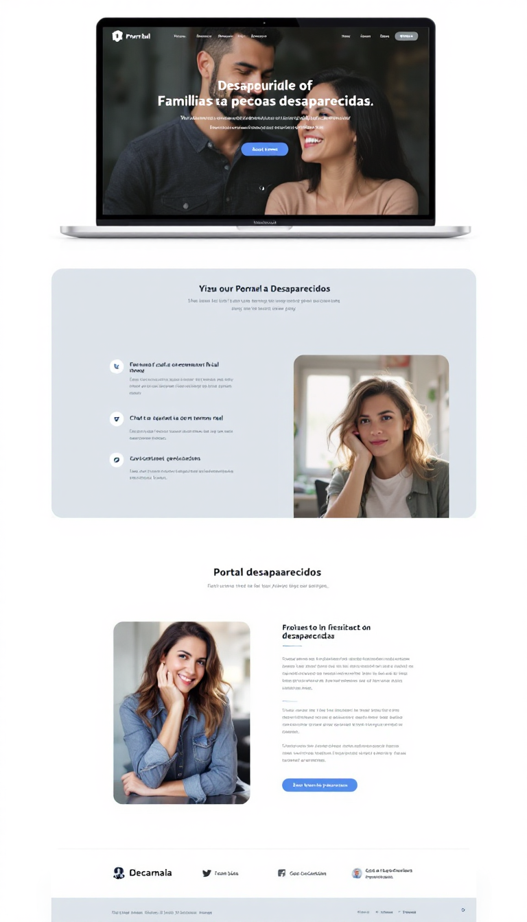 Desenvolva um site chamado Portal Desaparecidos, projetado para apoiar familiares de pessoas desaparecidas. O design deve ser moderno e funcional, transmitindo esperança, e incluir recursos como reconhecimento facial, chat em tempo real e geolocalização, priorizando a segurança e a facilidade de navegação.