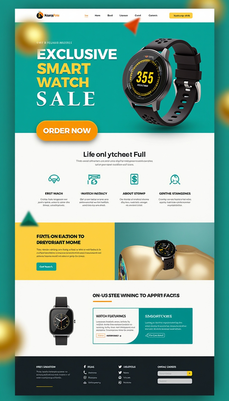 Design a one-page landing website for an "Exclusive Smart Watch Sale." Include a bold headline, a prominent smartwatch image with a price of $35, and an eye-catching 'Order Now' button in vibrant yellow or orange. Present the product centrally with key features around it, a clear call-to-action button below, and contact details. Use a sleek color scheme of teal, white, and gold/yellow accents, and include social media icons at the top-right and a company logo at the top-left.