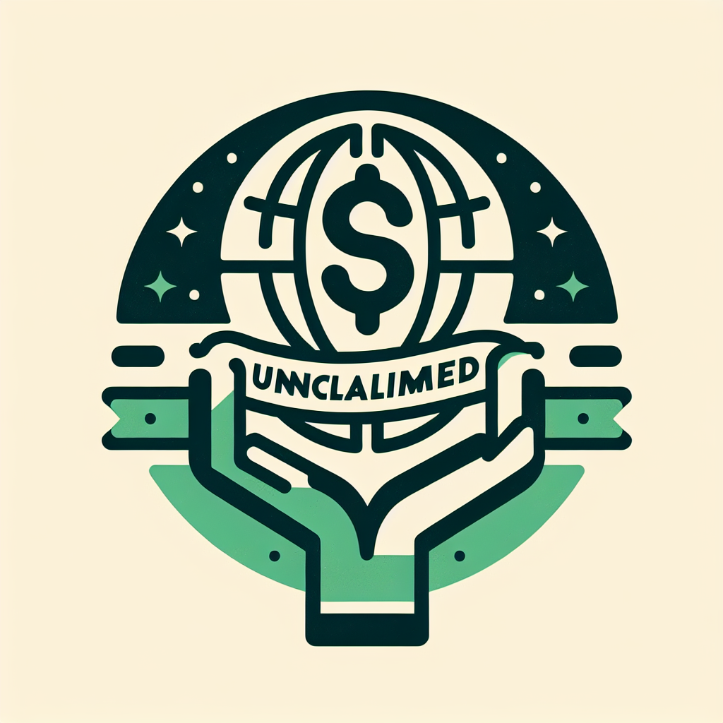 Dollar symbol in circle of world being held by hand with I in word unclaimed using question mark using colors green like cash simple and modern for logo