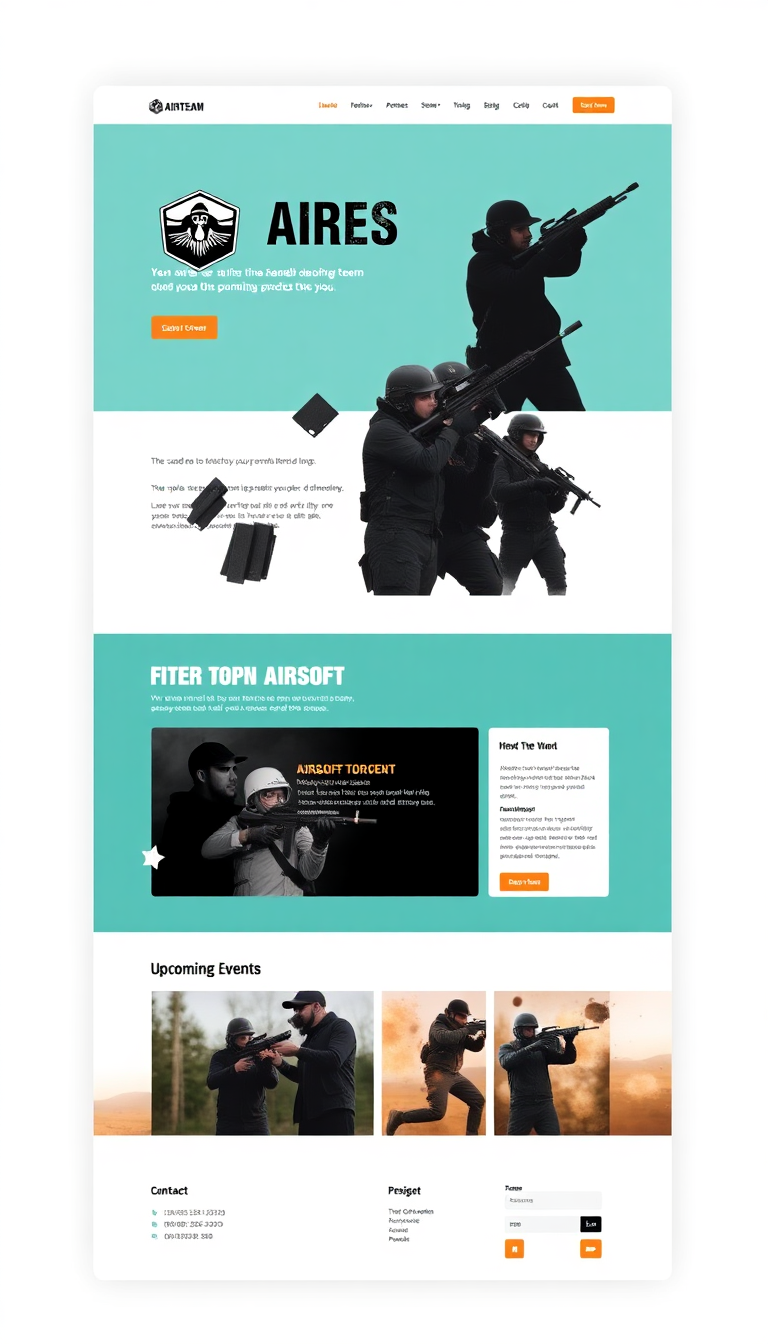Design a simple and clean one-page website for an airsoft team, featuring a team logo, a brief introduction, upcoming events, and contact information. Use an engaging layout with a focus on teamwork and excitement.