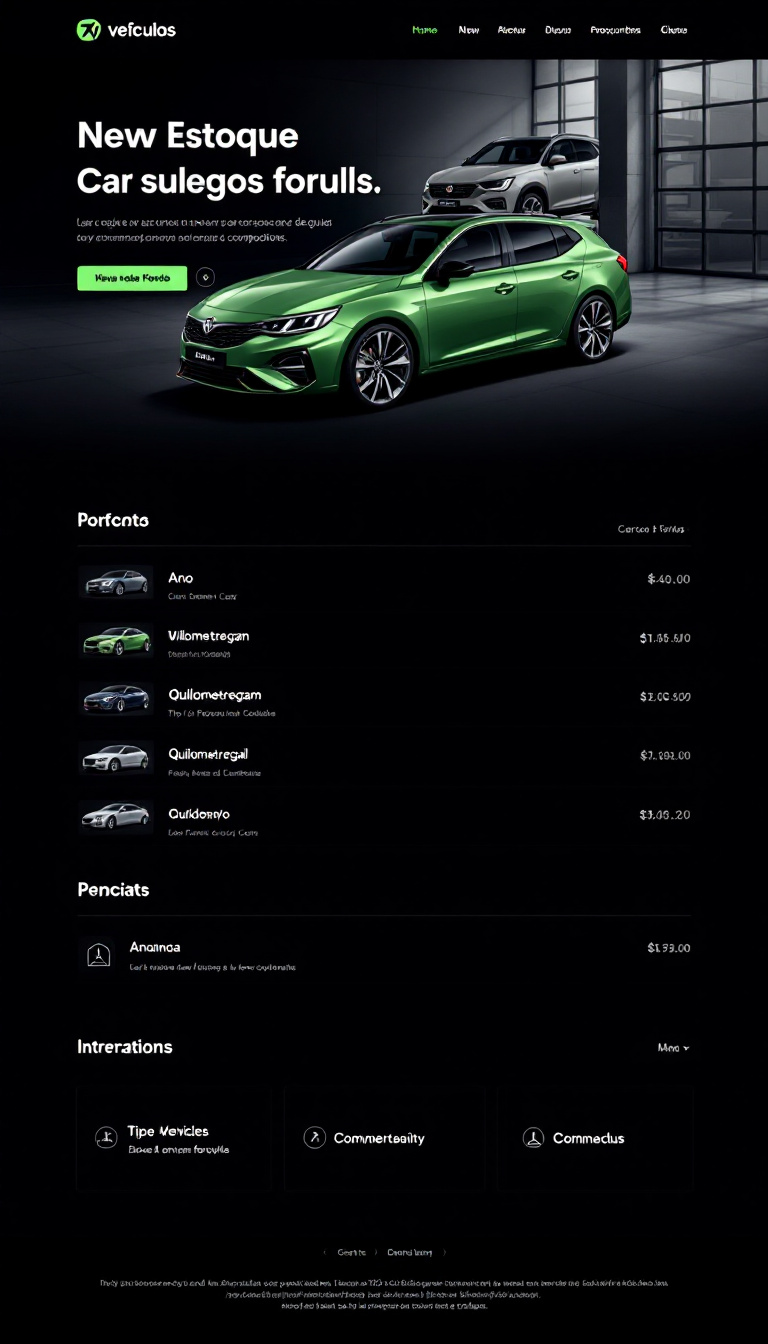 Crie uma página de estoque de veículos com uma lista organizada de carros disponíveis, incluindo fotos de alta qualidade, ano, modelo, valor, quilometragem e tipo de combustível. Use uma paleta de cores verde e preta em um fundo branco para transmitir modernidade e sofisticação.