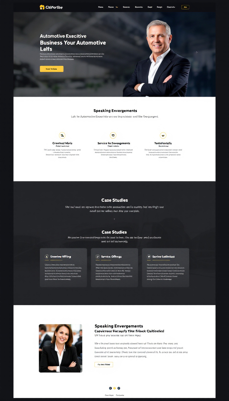 Design a one-page website for an automotive executive and business influencer, showcasing speaking engagements and case studies. Include sections for a professional biography, service offerings, and testimonials.