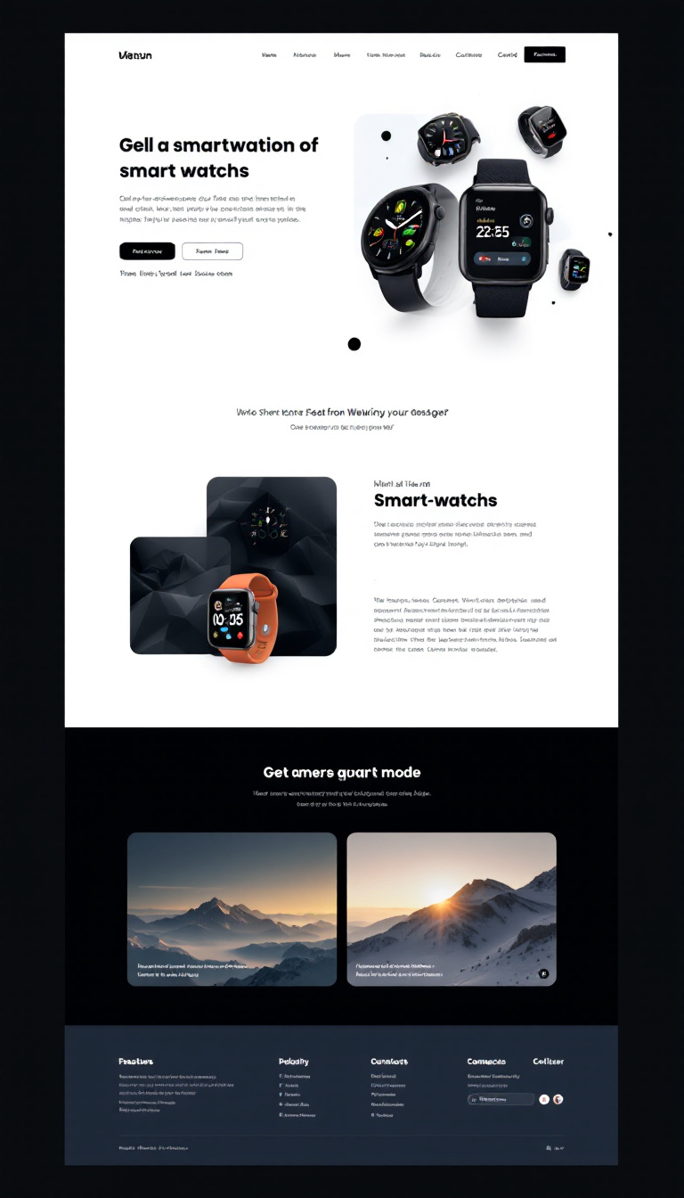 Create a sleek, modern one-page landing site for selling smartwatches in dark mode. Emphasize a clean design without buttons, focusing on visuals and product features.