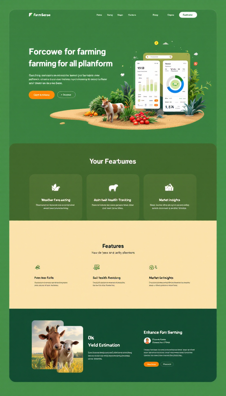 Create a simple and clean one-page website for "FarmSense," an AI-driven platform designed to enhance farming efficiency and productivity. The site should feature a modern design that incorporates earth-inspired colors—green, beige, brown, and blue—while highlighting key features such as weather forecasting, soil health monitoring, animal health tracking, market insights, and yield estimation.