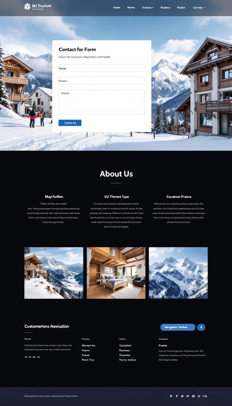I'm creating a one-page website for my ski tourism company that focuses on apartments and hostels in Mayrhofen, Austria, and Val Thorens, France. The homepage will feature a contact form for users to input their name, phone number, vacation type, and date, along with sections for about us, customer reviews, and navigation links.
