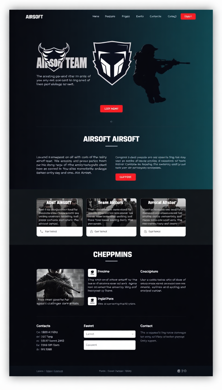 Design a clean one-page website for an airsoft team, featuring the team's logo, a brief description, upcoming events, and contact information. Use a modern layout with a sporty color scheme.