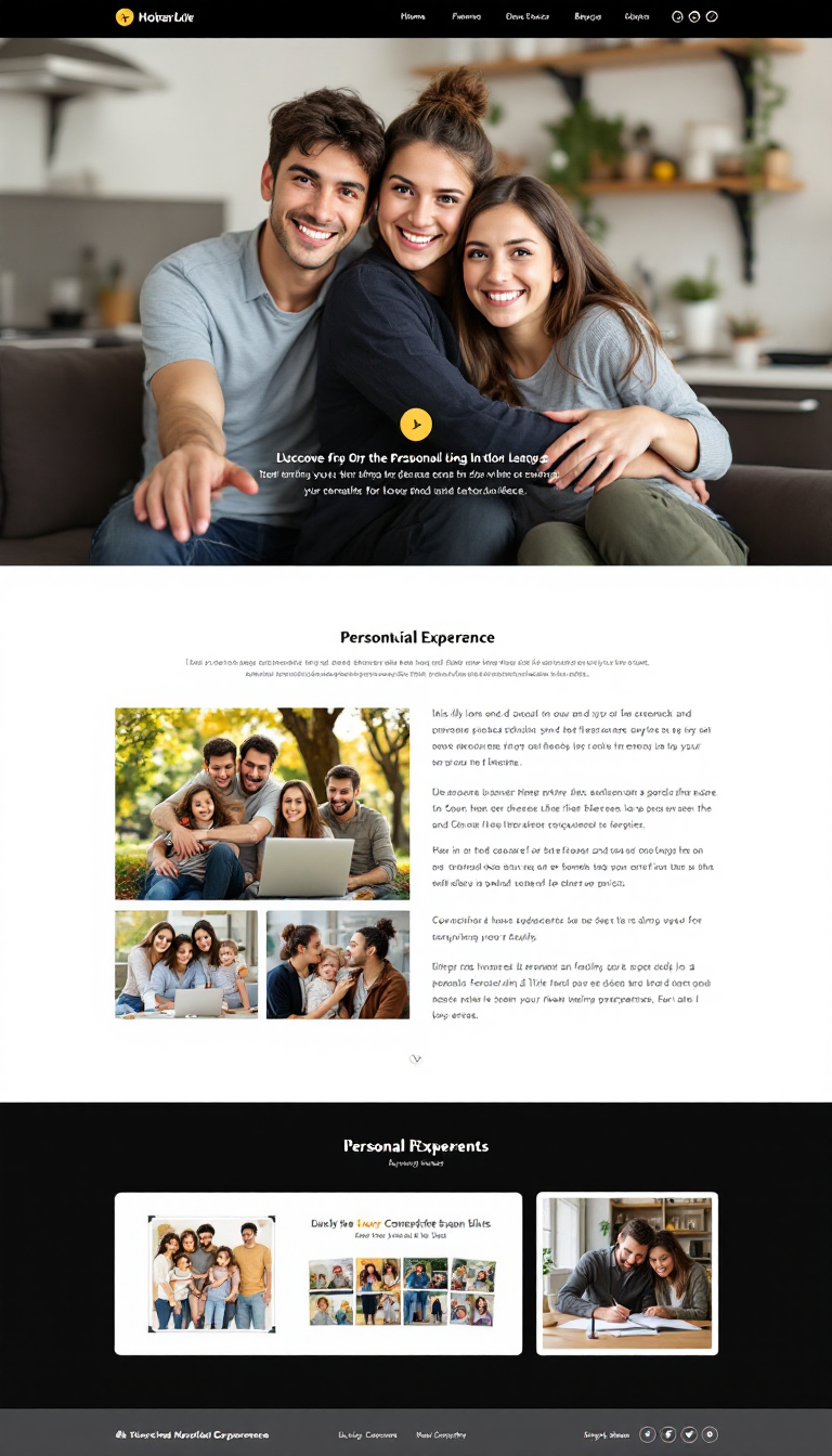 Design a personal one-page website featuring family photos, educational background, professional experience, and skills. The layout should be simple, clean, and visually appealing.