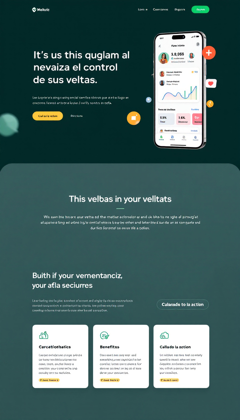 Diseña una simple y limpia página web para una aplicación móvil que ayude a los usuarios a llevar el control de sus ventas. Incluye secciones como características, beneficios y un llamado a la acción.