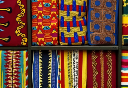 African fabric shop with colorful textiles and traditional patterns on display