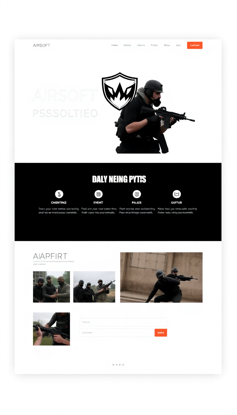 Design a clean and simple one-page website for an airsoft team, featuring the team name, logo, upcoming events, and a gallery of photos from past games. Incorporate a contact form for new members to get in touch.