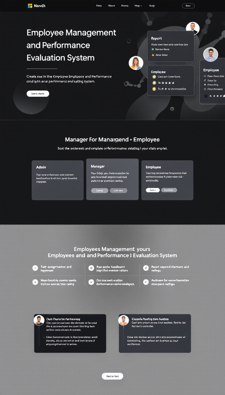 Create a simple and clean one-page website for an Employee Management and Performance Evaluation System featuring three modules: Admin, Manager, and Employee. Include sections for task assignment, report submission, feedback, and performance ratings.