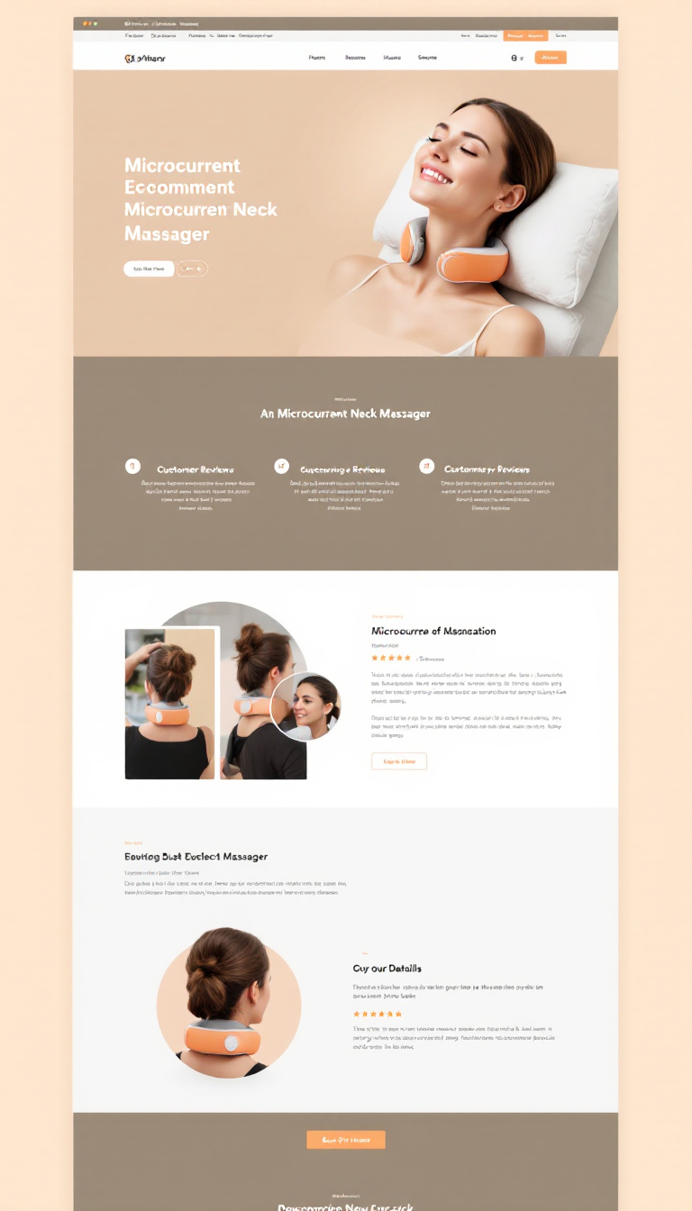 Design a simple one-page E-commerce website for a microcurrent neck massager, featuring a clean layout with a light orange and white theme. Highlight product details, customer reviews, and a clear call-to-action button for purchases.