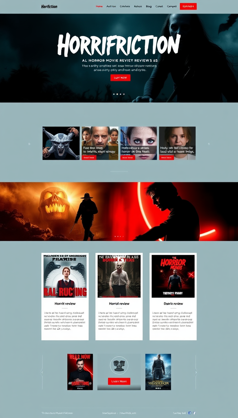 Design a simple and visually appealing one-page website for "Horrifriction," a horror movie review site. Include striking images from popular horror films and a clean layout that highlights the reviews effectively.