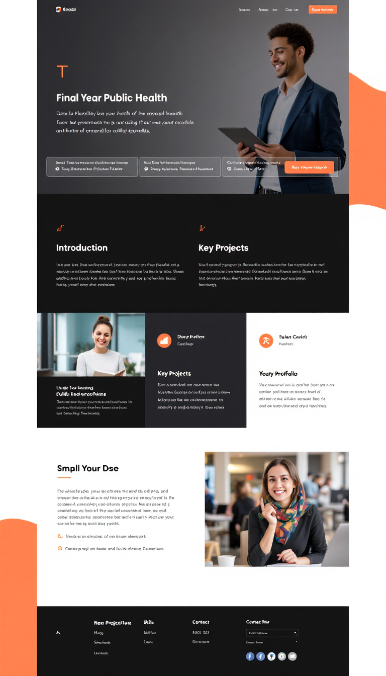 Design a simple, clean one-page portfolio for a final year public health student. Include sections for an introduction, key projects, skills, and contact information.