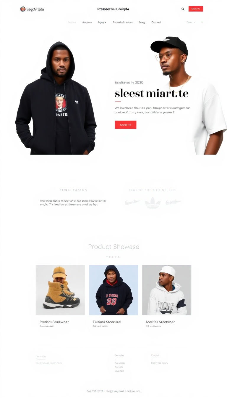 Design a simple and clean one-page website for Presidential Lifestyle LLC, established in 2020, focusing on urban streetwear for men, women, and children. Include a modern layout with vibrant images and sections for product showcases and brand information.