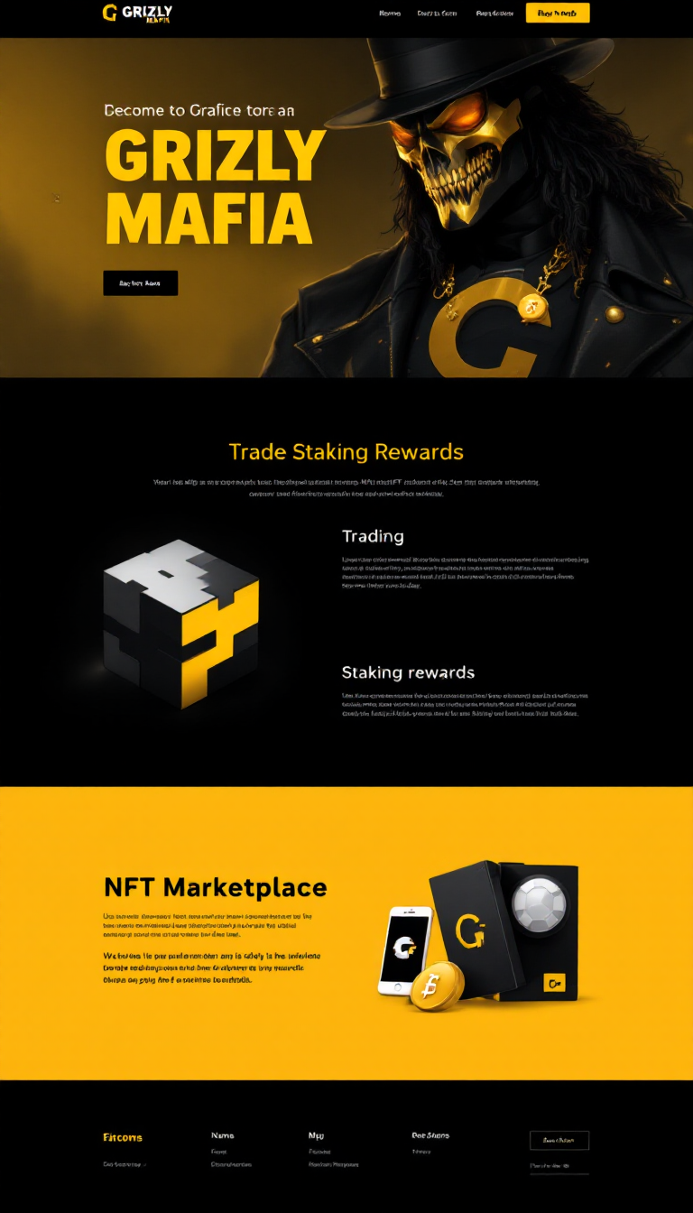 Create a sleek, one-page website for Grizly Mafia, featuring bold colors like black and deep gold. Highlight key sections for trading, staking rewards, and an NFT marketplace, all designed with a modern aesthetic and user-friendly navigation.