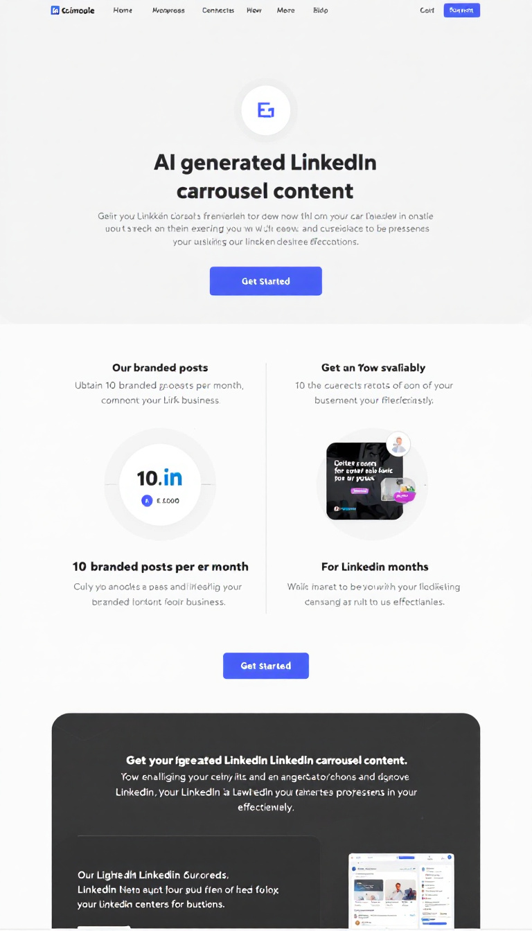 Create a sleek one-page website promoting a service that offers AI-generated LinkedIn carousel content. Highlight the ease and efficiency of obtaining 10 branded posts per month for €1,000, targeting professionals and businesses looking to enhance their LinkedIn presence effortlessly. Include a call-to-action for potential clients to get started.