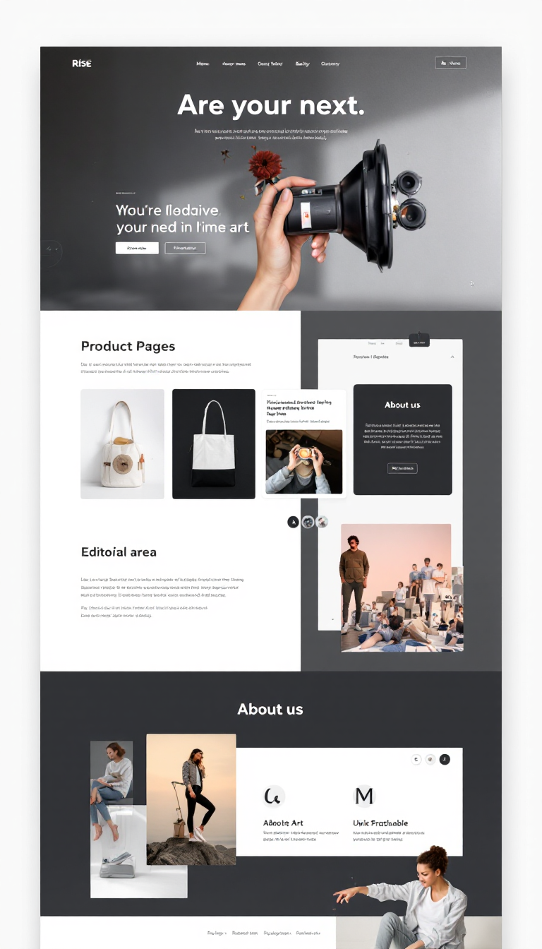 Create a one-page website inspired by the design of Rise Art, featuring sections for product pages, an editorial area, about us, and additional relevant information, all presented in a clean and modern layout.