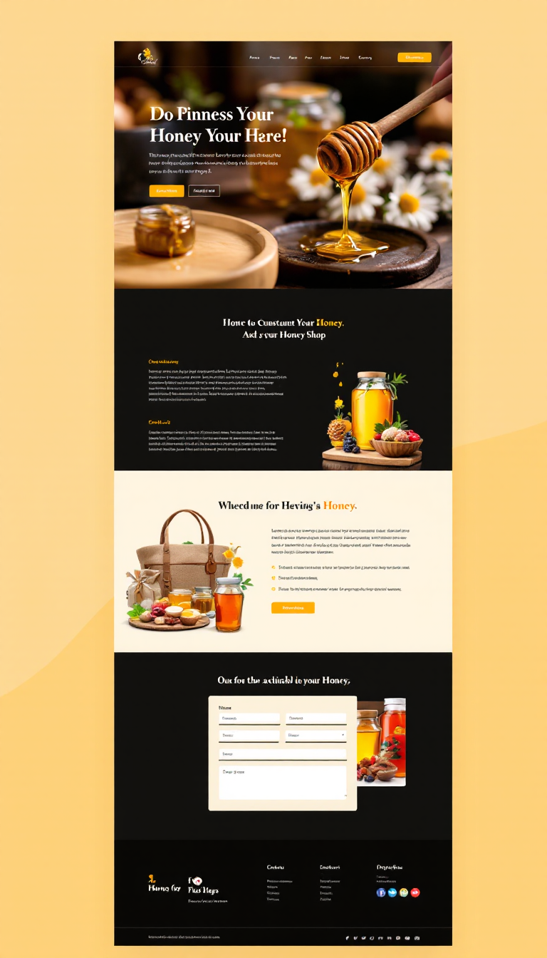 Design a simple one-page website for a honey shop, featuring a clean layout with images of honey products, a brief description of the shop, and easy navigation for customers. Incorporate elements like a contact form and social media links for engagement.