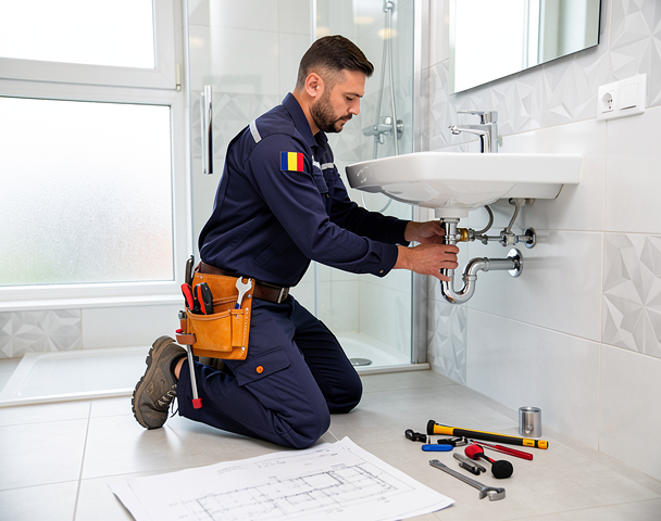 Professional plumber in Romania working on pipe installation in a modern bathroom