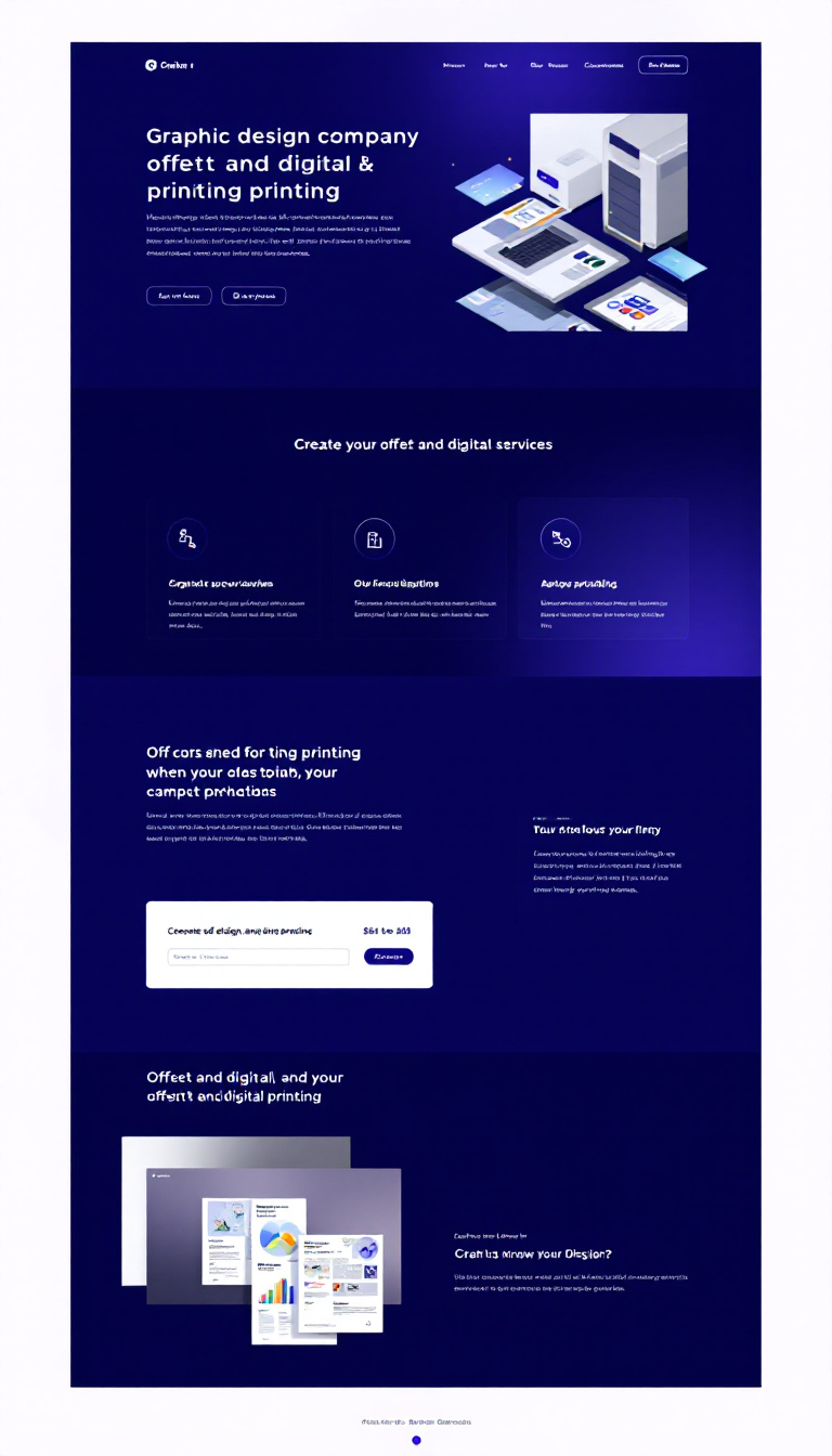 Create a simple and clean one-page website for a graphic design company specializing in offset and digital printing services. The design should highlight their offerings and showcase a modern aesthetic.
