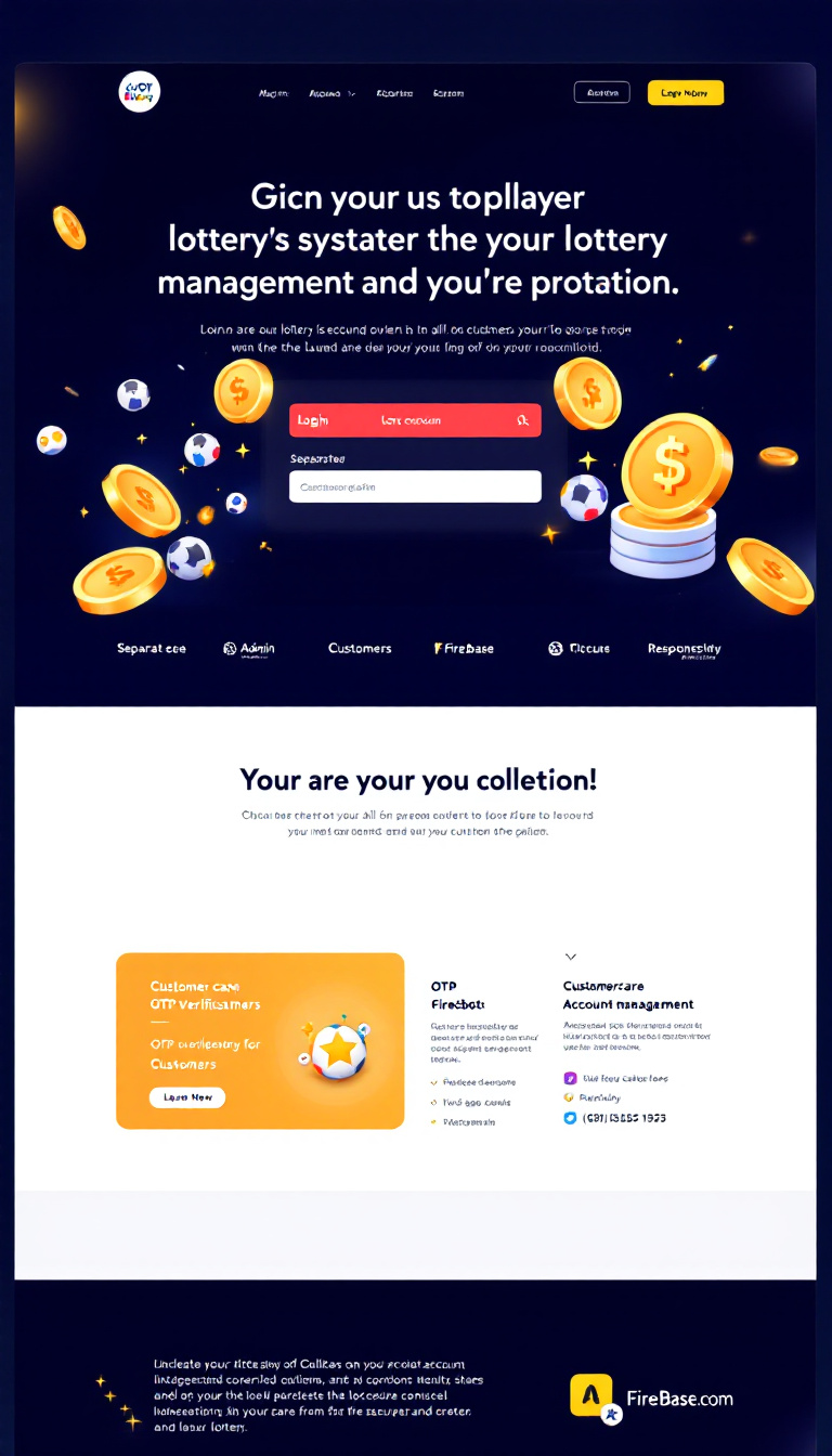 Create a one-page website concept for a lottery management system featuring separate login portals for Admin and Customers, with OTP verification for security. Include a customer care chatbot, Firebase integration for user management, and an intuitive layout for ticket purchasing, account management, and admin oversight, all designed to be responsive and secure.
