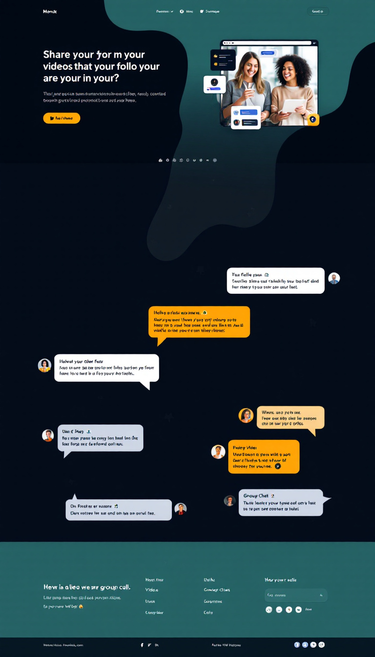 Design a simple one-page website that resembles a social media platform for sharing videos, following users, and chatting. Include features like public and private messaging, group chats, and options for video or voice calls.