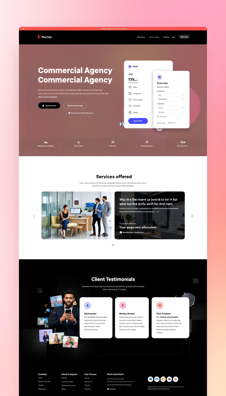 Design a simple, one-page website for a commercial agency. It should feature a clean layout, showcasing services offered, client testimonials, and contact information.