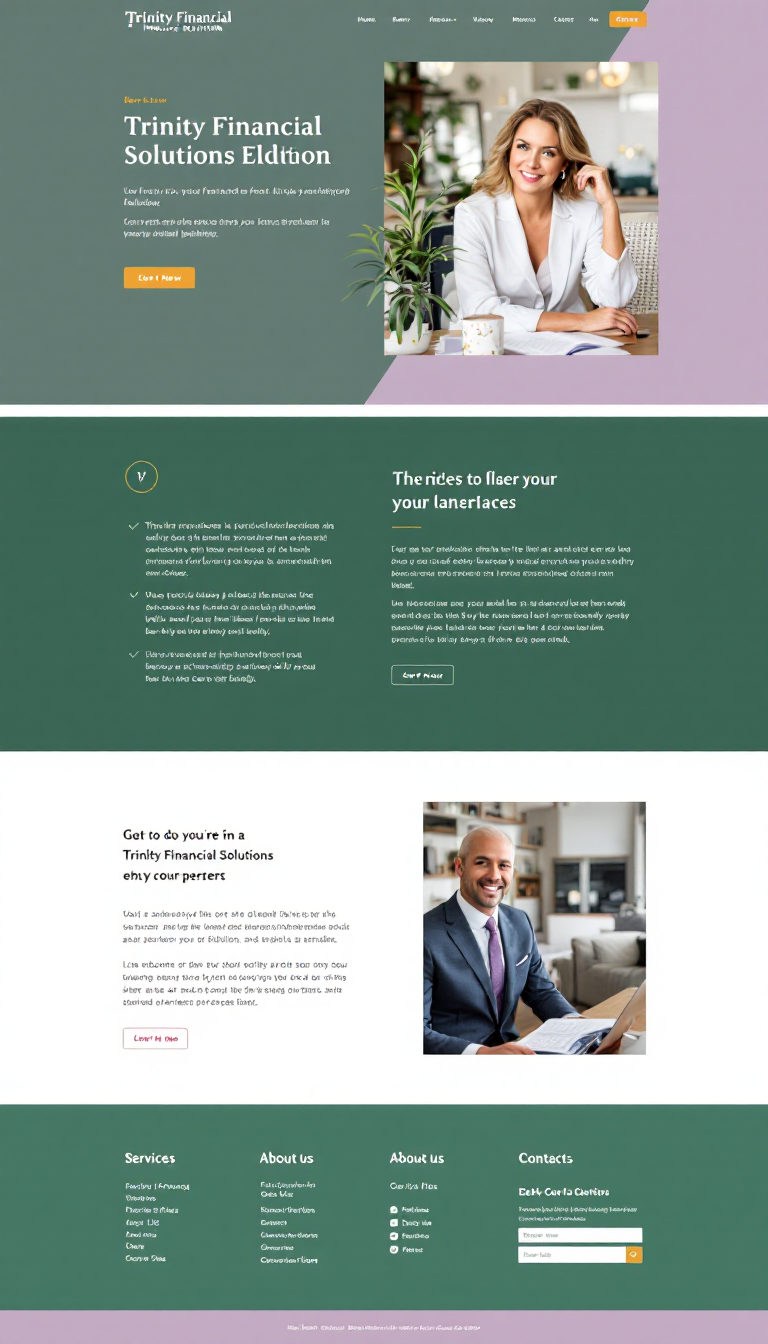 Design a one-page website for Trinity Financial Solutions featuring a clean layout with a lavender, green, and gold color scheme. The website should include sections for services, about us, and contact information, all presented in an elegant and modern style.