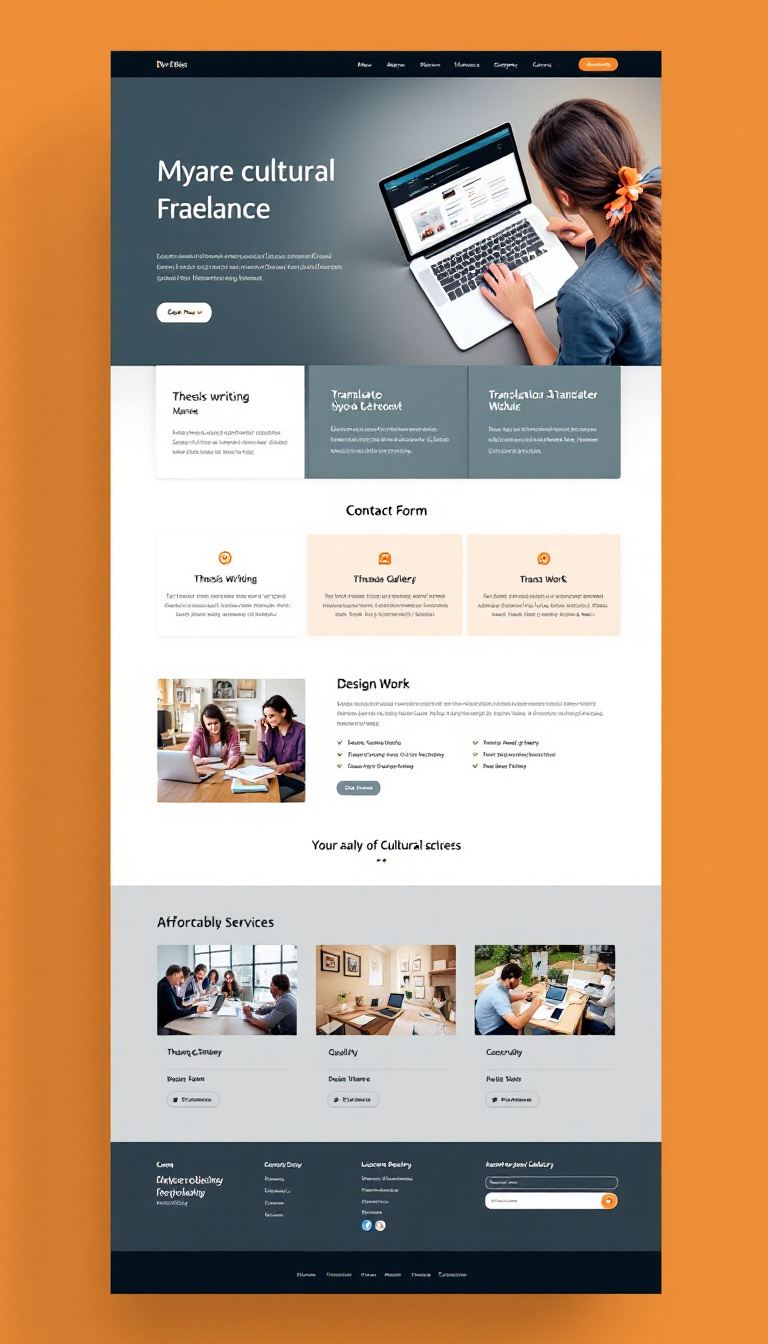 Design a professional one-page website for a freelance cultural service provider, showcasing services like thesis writing, translation, and design work. Include sections for each service, a contact form, an image gallery of past work, and social media links, all in a clean and modern layout that emphasizes affordability and quality.