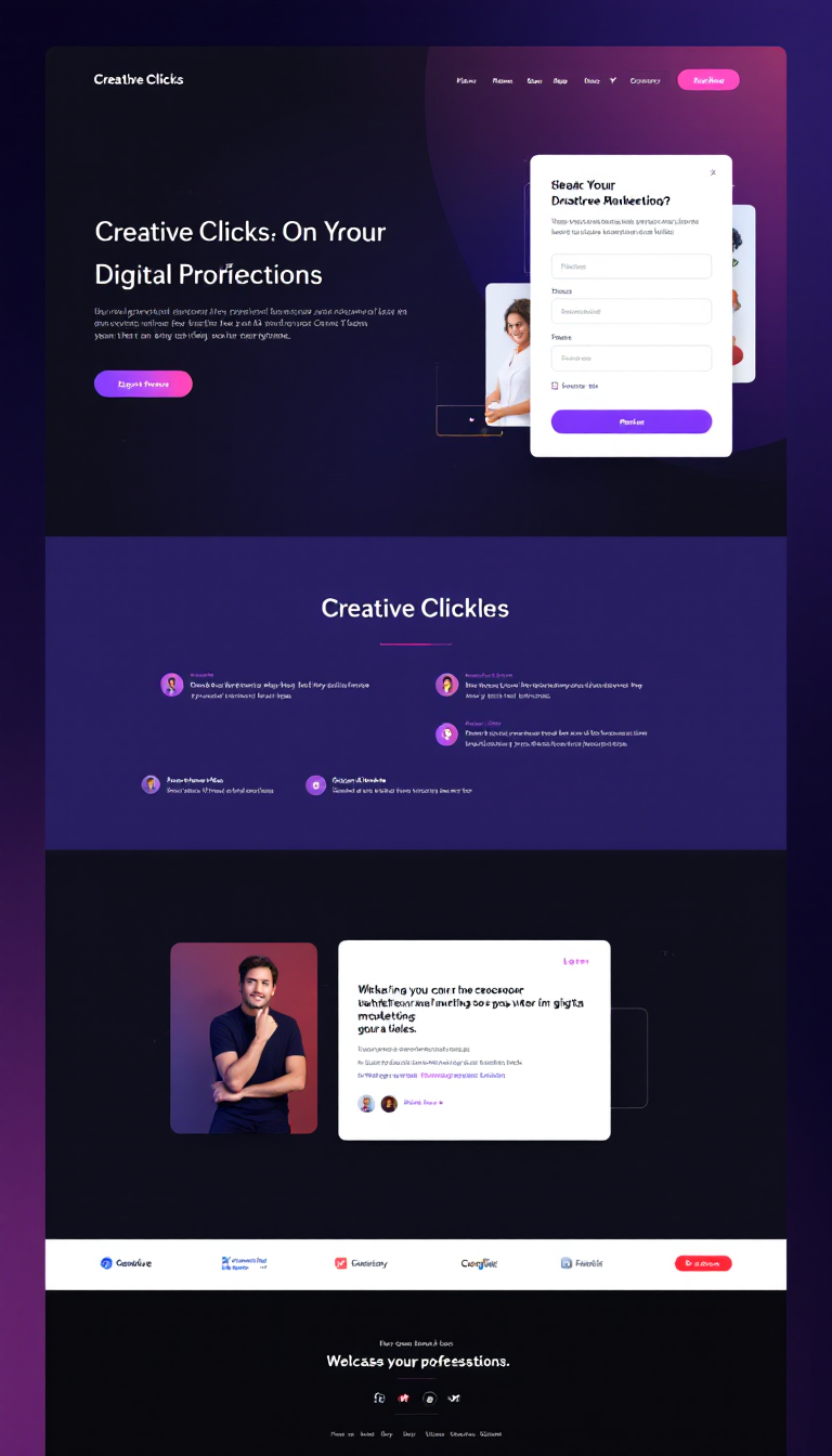 Design a sleek one-page website for a digital marketing service named Creative Clicks, targeting young professionals. Include an elegant layout with modern color schemes and feature testimonials to build trust.