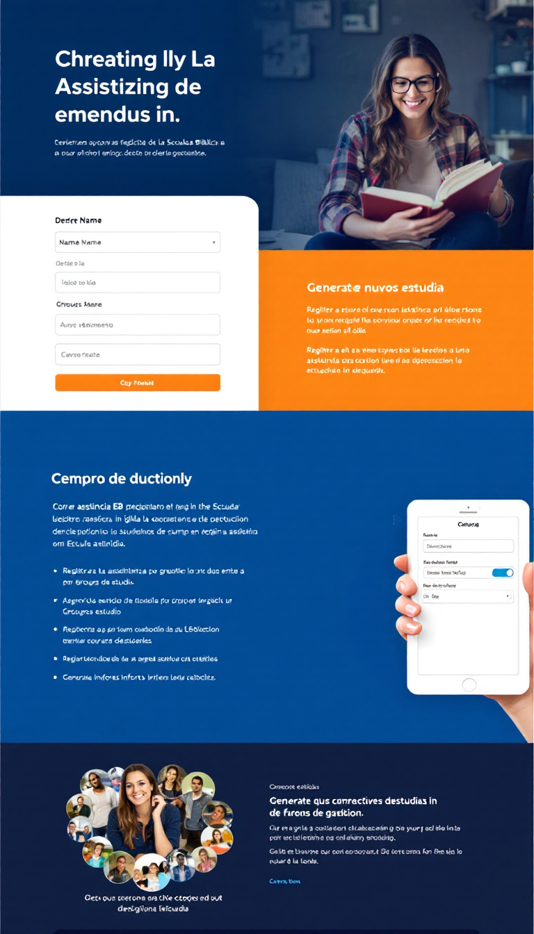 Desarrolla un sitio web para la aplicación "Asistencia EB" que permita a los maestros de la Escuela Bíblica registrar la asistencia de los estudiantes de manera eficiente. Incluye el nombre de la iglesia y el departamento, opciones para registrar asistencia por grupos de estudio, agregar nuevos estudiantes, y generar informes estadísticos con una interfaz moderna y atractiva.