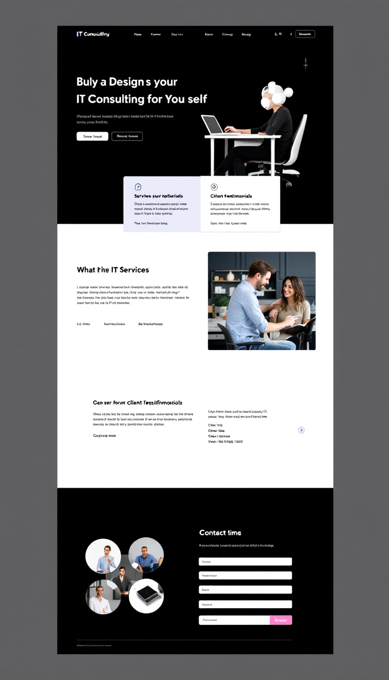 Design a simple and clean one-page website for an IT consulting business, featuring sections for services, client testimonials, and contact information. Focus on a professional layout with a modern aesthetic.