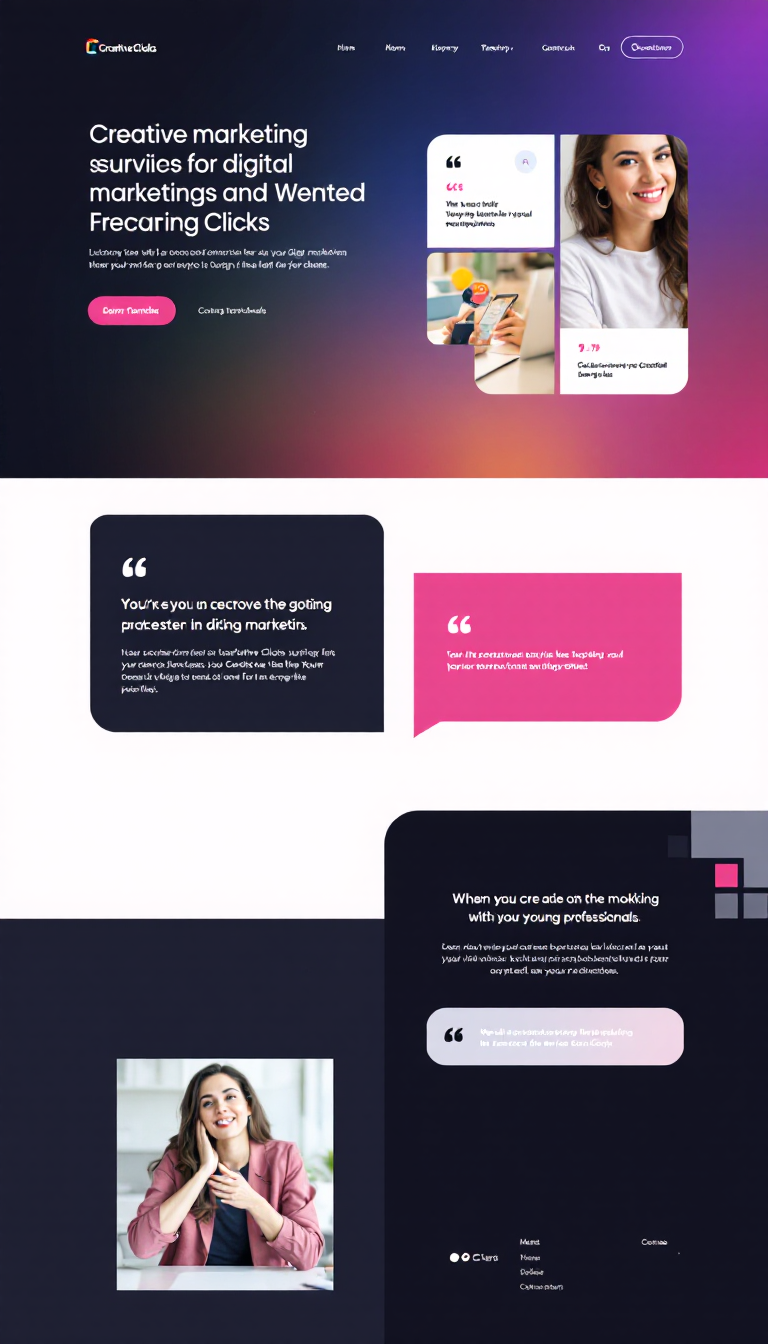 Design a sleek, one-page website for a digital marketing service named Creative Clicks, aimed at young professionals. Incorporate testimonials, a modern color palette that aligns with the brand, and a clean, elegant layout.