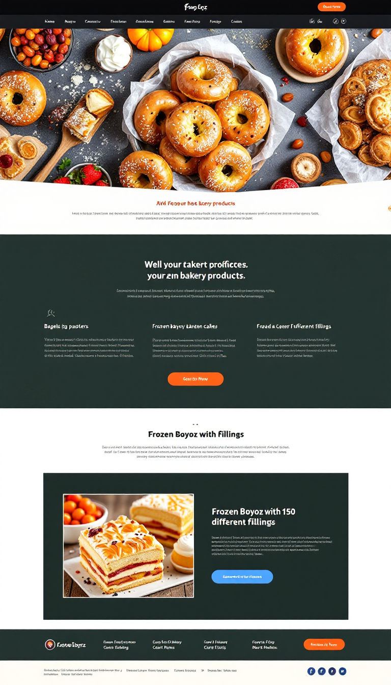 Design a simple one-page website for a frozen bakery products business. Showcase a variety of offerings including bagels, pastries, cakes, and frozen boyoz with 150 different fillings.