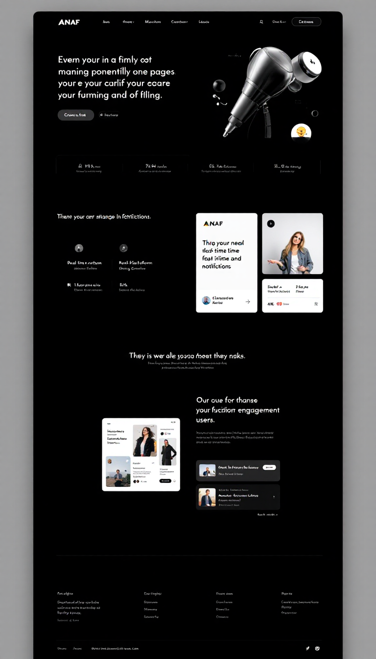 Create a sleek, minimalist one-page website for ANAF featuring a black-and-white theme. It should include a dashboard for managing content, real-time notifications, a multi-platform sharing module, and analytics for engagement insights, all while ensuring a smooth and secure user experience.