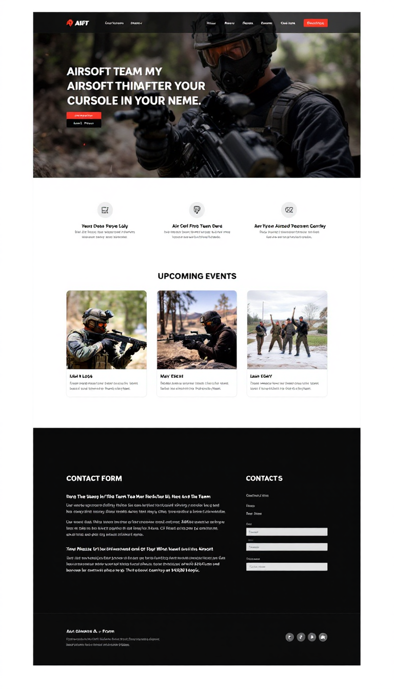Design a simple, one-page website for an airsoft team, highlighting the team's logo, upcoming events, and a contact form. The layout should be clean and visually appealing, reflecting the spirit of airsoft.