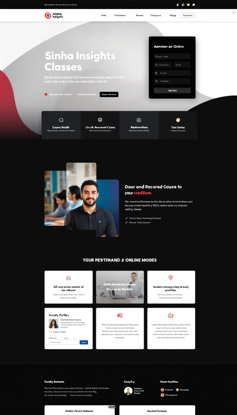 Create a premium one-page website for *Sinha Insights Classes* that features modern UI and highlights both offline and online modes. Include sections for course details, live and recorded classes, an admission form, test series, study materials, student-parent dashboard, faculty profiles, and a payment gateway, all optimized for SEO and mobile-friendly design.