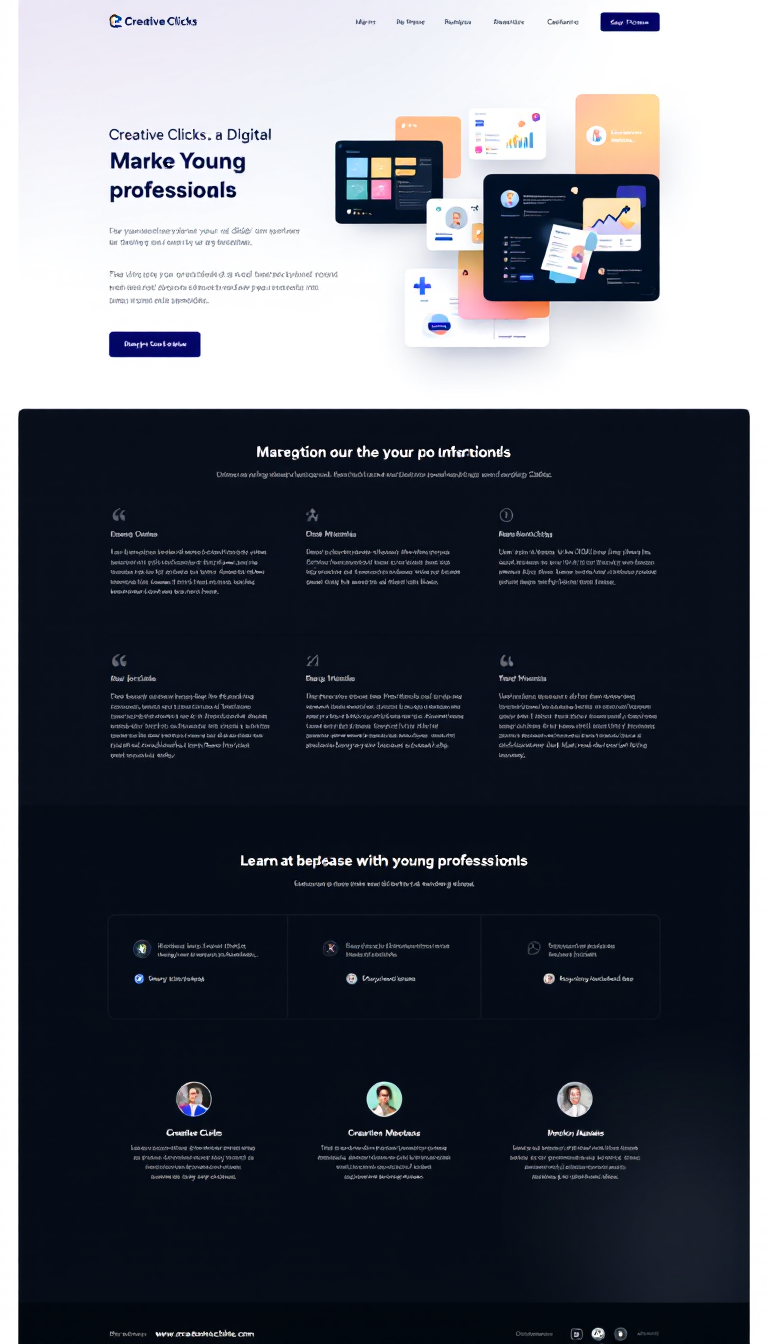 Design a modern one-page website for "Creative Clicks," a digital marketing service aimed at young professionals. Incorporate testimonials and use a sleek, contemporary color scheme that reflects the brand, maintaining a clean and elegant layout.