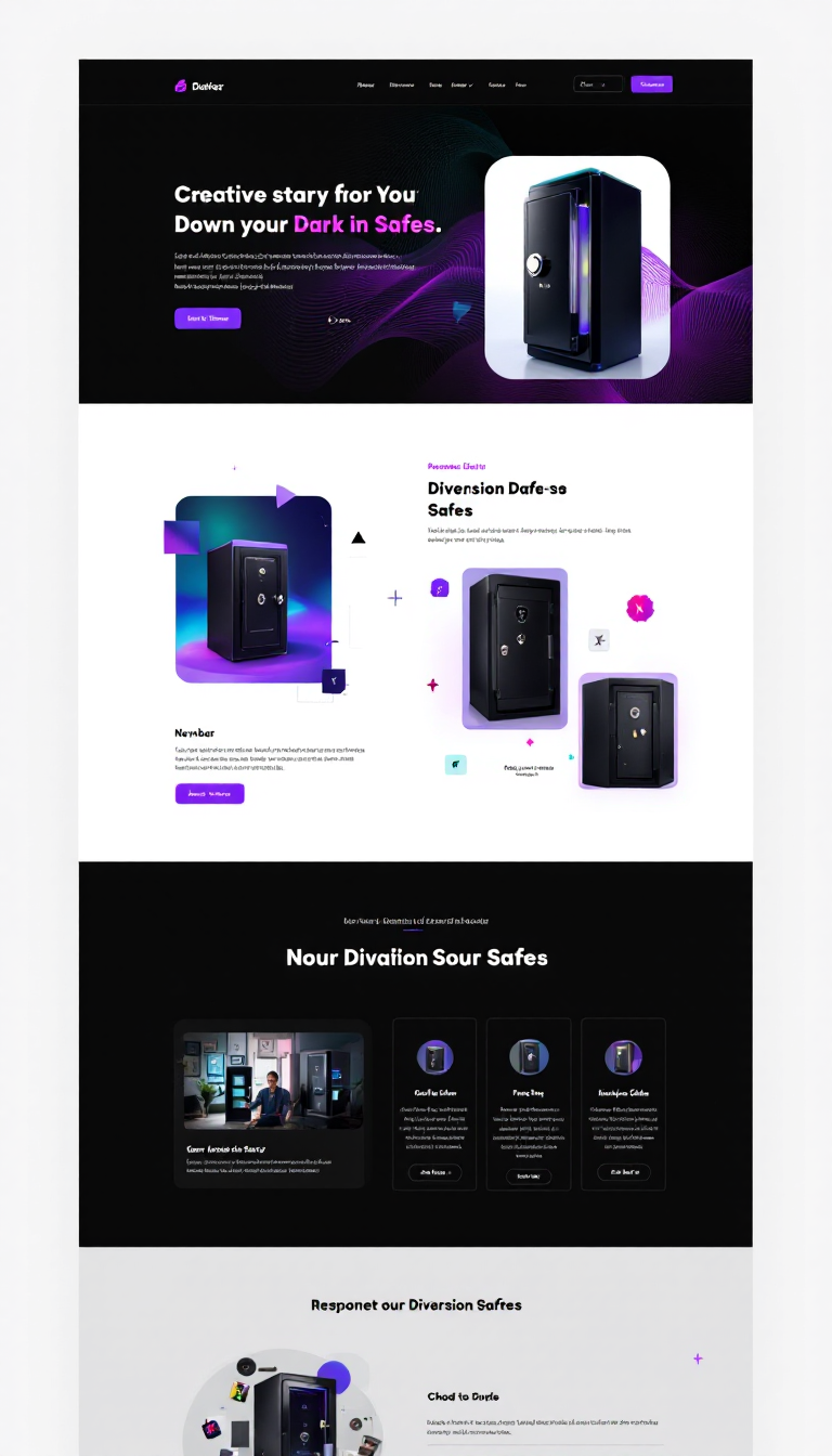 Create a dark-themed e-commerce website with a modern design, featuring vivid purple, cyan, and pink accents. Include a responsive navbar, an animated hero section with a featured product, a product grid for diversion safes, and interactive elements with smooth transitions, all optimized for various screen sizes.