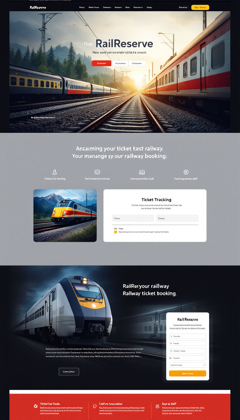 Design a one-page website called 'RailReserve' focused on managing railway ticket bookings. Incorporate a railway theme with tracks and train elements, highlighting features like ticket tracking for travelers and staff, user-friendly navigation, and an efficient interface.