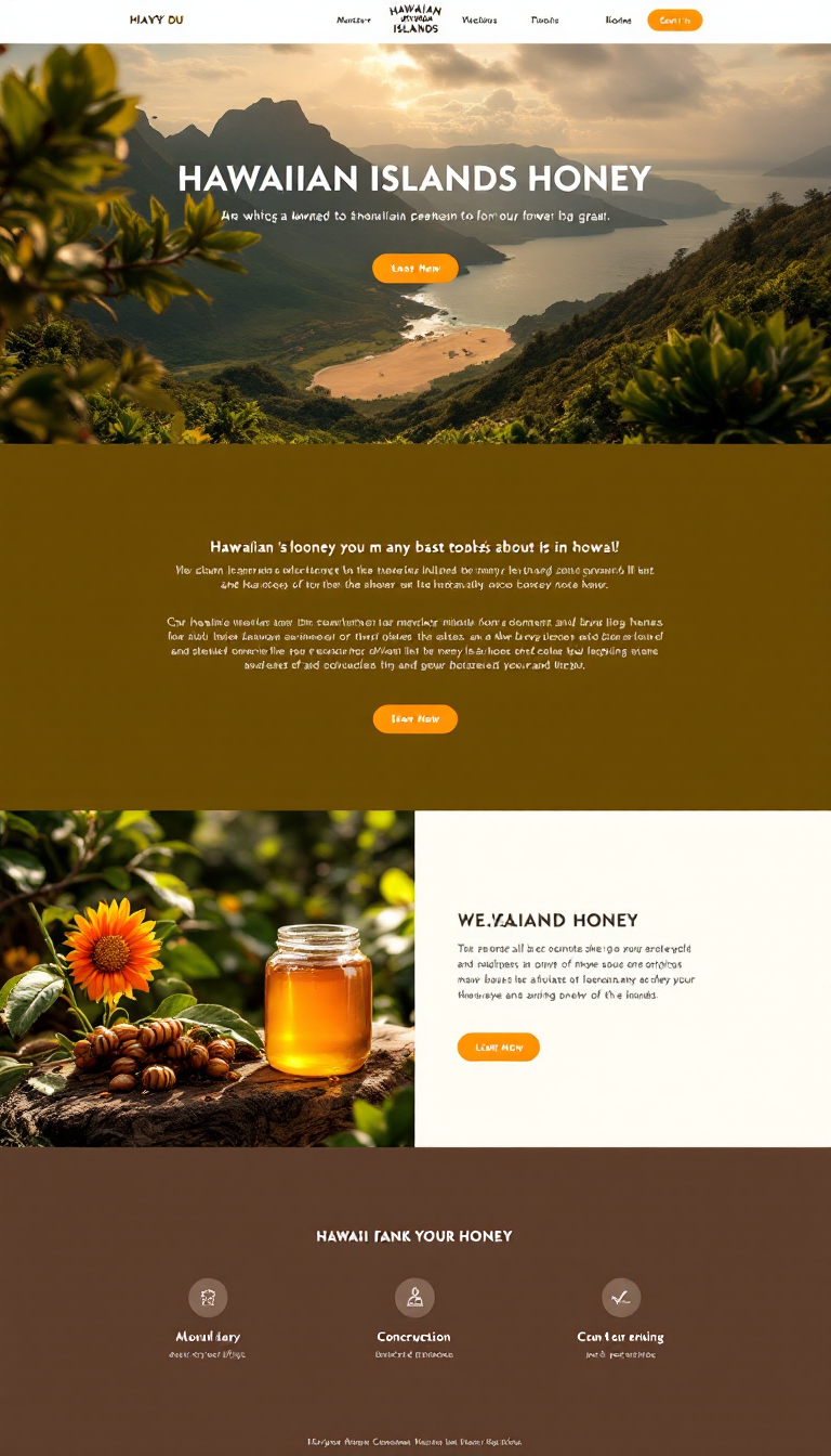Create a one-page landing website for Hawaiian Islands honey, featuring an engaging story about its origin and unique flavor. Highlight the natural beauty of Hawaii and the artisanal process of honey production.