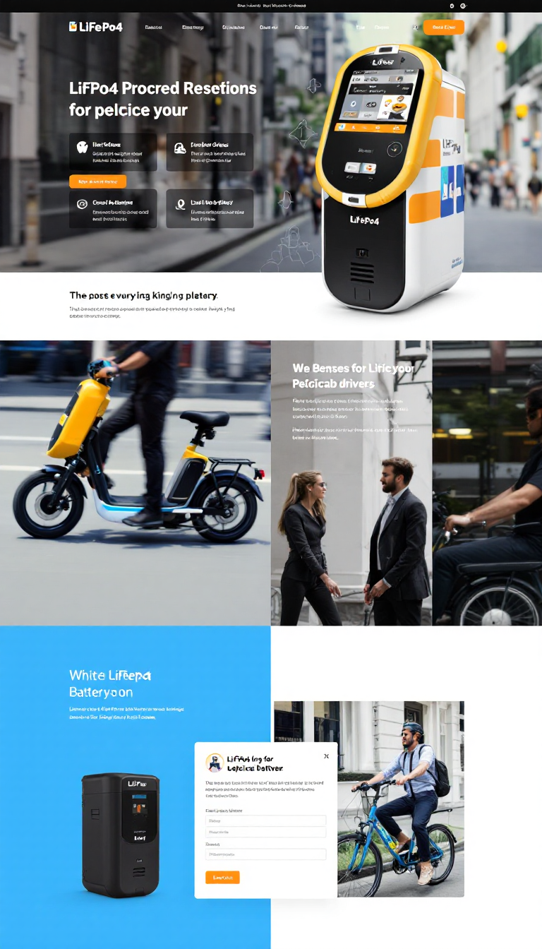 Create a one-page microsite for a LiFePo4 battery product, highlighting its benefits for pedicab drivers, with clean design elements and engaging visuals.