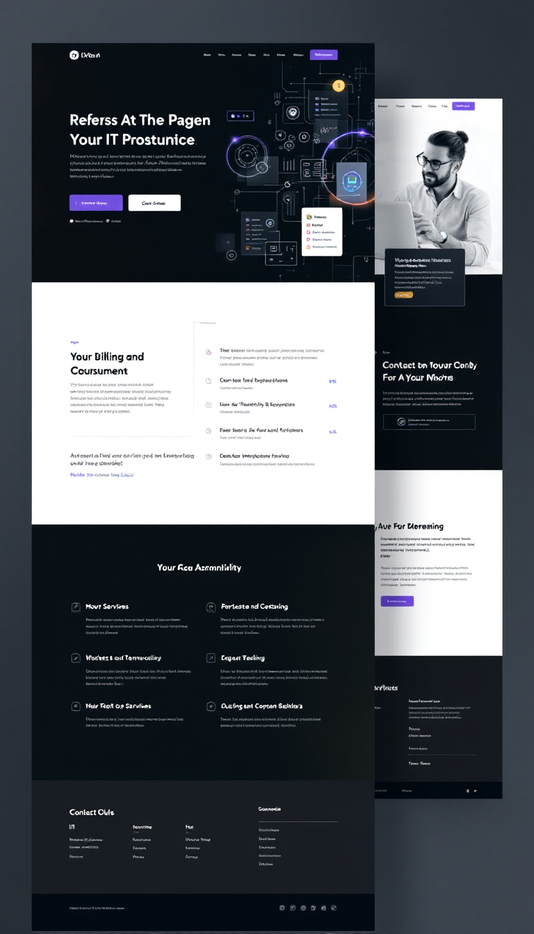 Design a clean, modern one-page website for an IT business, featuring a professional layout with sections for services, testimonials, and contact information. Use a tech-inspired color palette and simple navigation for ease of use.