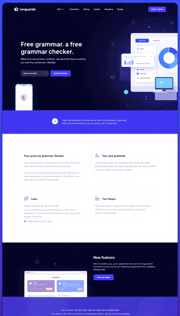 Create a simple one-page website design for "Lenguando," a free grammar checker. The layout should be clean and user-friendly, highlighting its features and services.