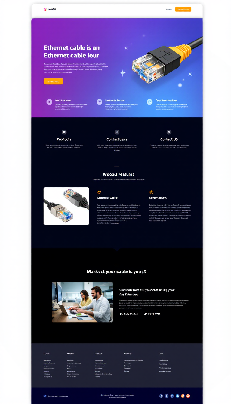 Design a simple one-page website for an Ethernet cable business, showcasing products, features, and contact information with a clean and professional layout.