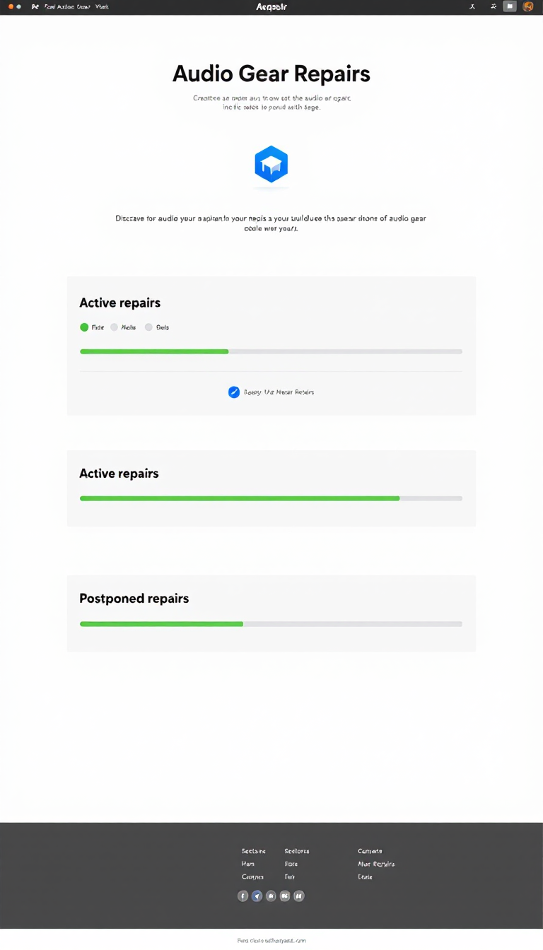 Create a simple one-page website to display the progress of audio gear repairs. The site should feature a clean layout with progress bars indicating repair statuses, using Bootstrap for a responsive design. Include sections for active repairs and postponed repairs.