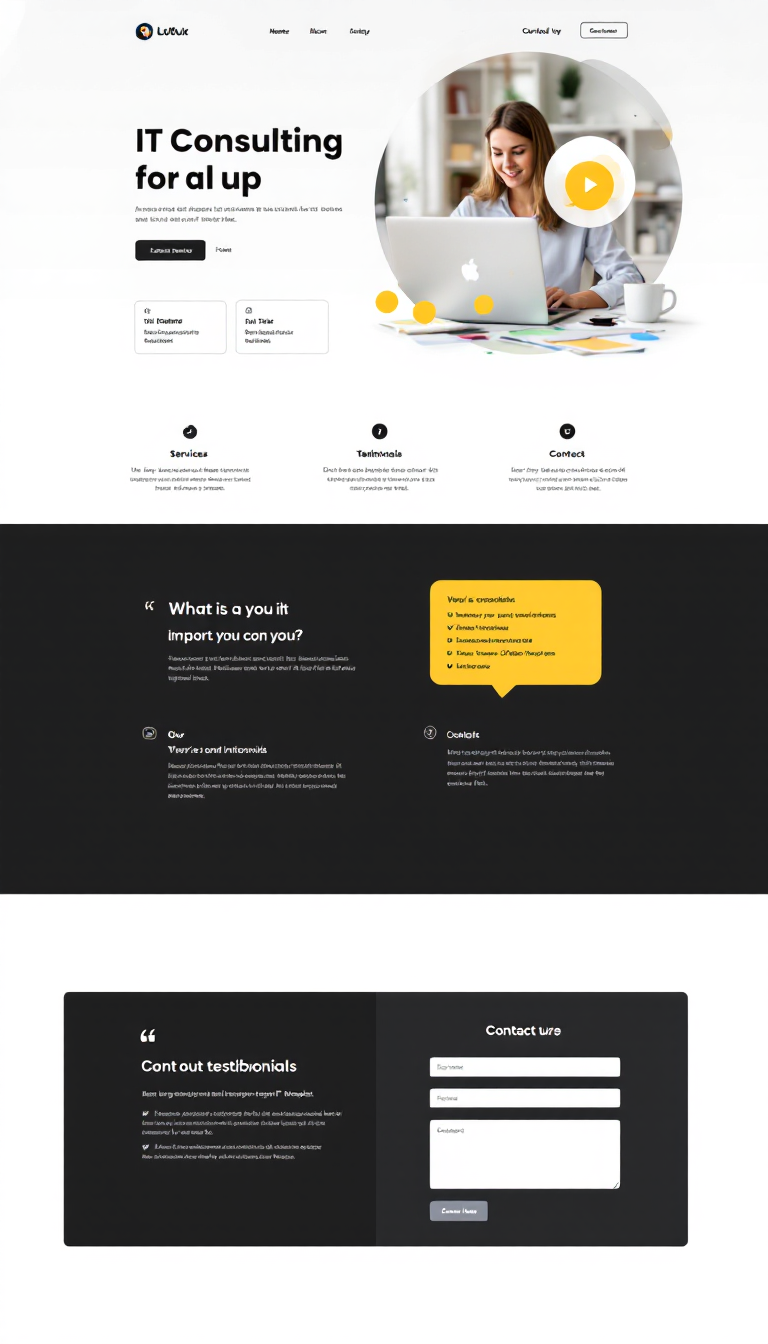 Design a simple, one-page website for an IT consulting business, featuring sections for services, testimonials, and contact information. The layout should be clean and professional, with a modern aesthetic.