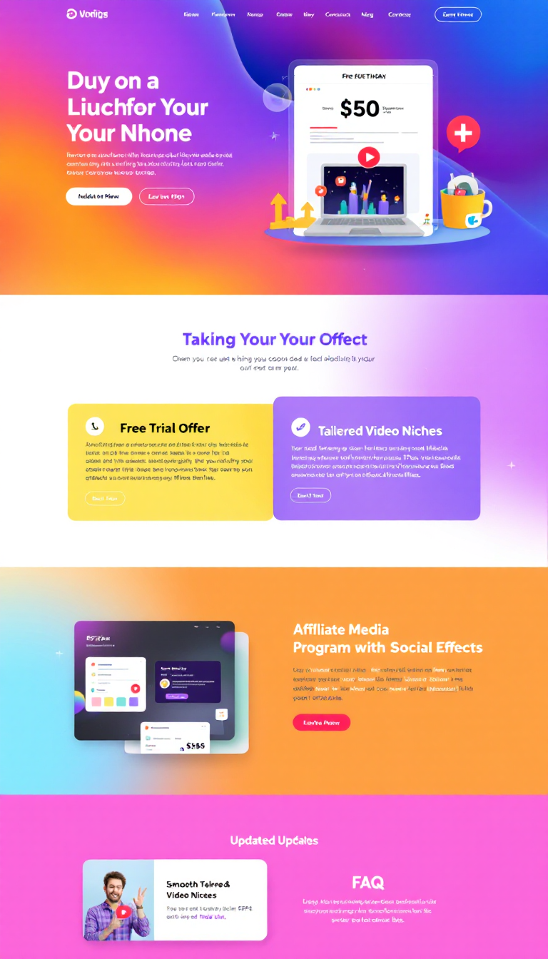 Design a simple and clean one-page website featuring a vibrant gradient background, smooth scrolling, and hover effects. Include sections for a free trial offer, tailored video niches, an affiliate program with social media links, and an updated FAQ section to enhance user experience.