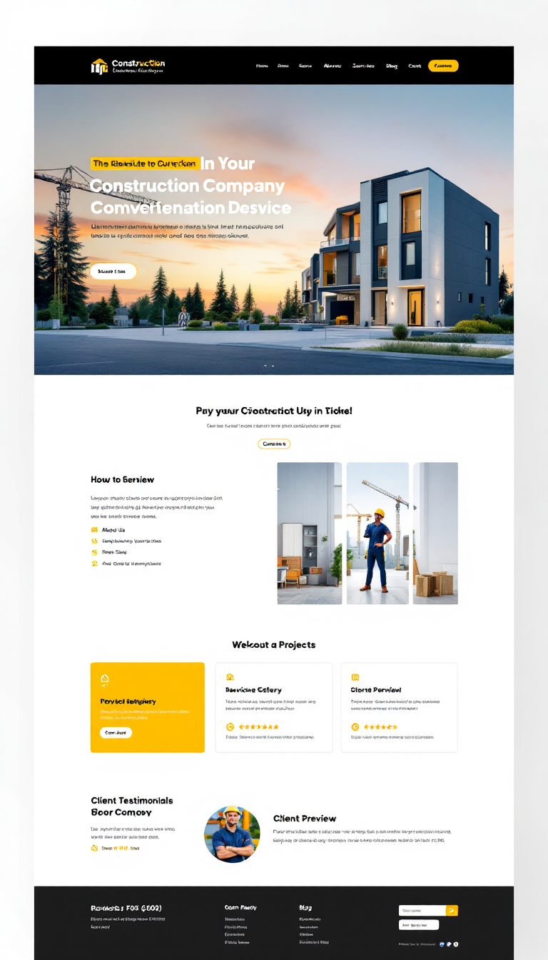 Design a modern, one-page website layout for a construction company featuring a header with contact info and a navigation menu for 'Home,' 'About Us,' 'Services,' 'Projects,' 'Blog,' and 'Contact.' Include a large hero image with a headline and call-to-action, followed by sections for company information, service details with icons, a project gallery, client testimonials, and a blog preview, all wrapped up in a clean, responsive design with a footer for contact info and social media links.